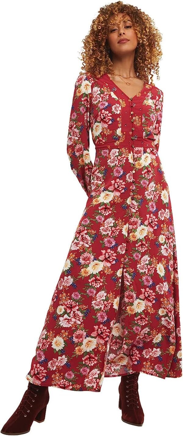 Women's Buttoned Floral Print Boho Casual Maxi Dress