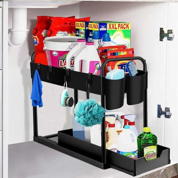 2 Tier Under Sink Shelf, Kitchen Organiser with 4 Hooks and 2 Cup Spice Rack Sink Organiser Kitchen Shelf Cabinet Kitchen Utensil with Worktop